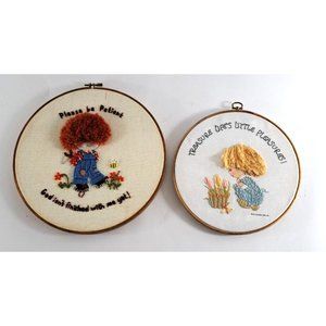 Vintage Crewel Pictures Set Of 2 Round 70s Children Big Hair Hallmark Embroidery